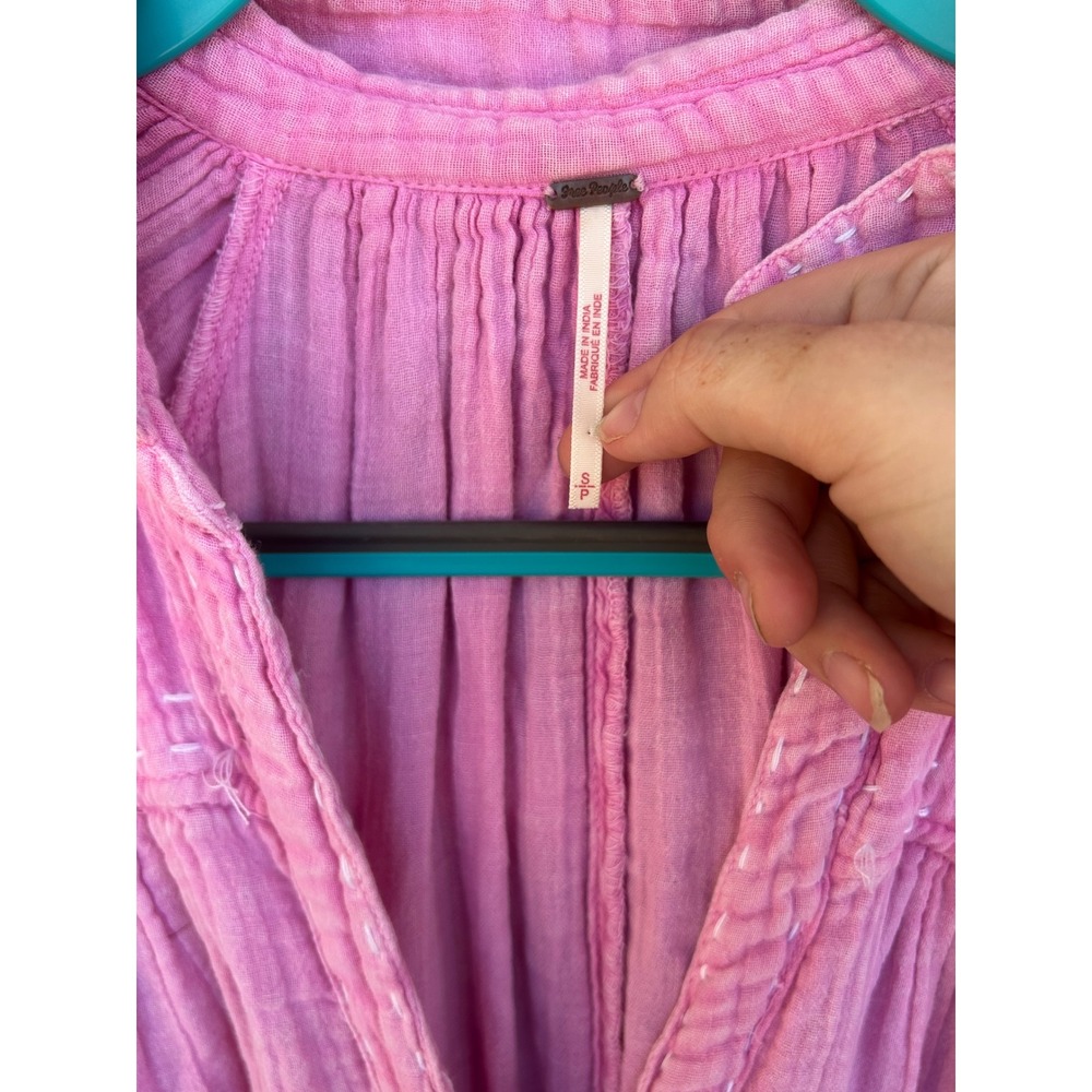 Free People Pink Gauze Dress Short Sleeve Tiered Hem Small Oversized Boho - Picture 2 of 8